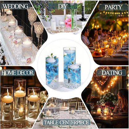 20 PCS White Floating Candles and 16 PCS Glass Vases for Centerpieces with 400 Fake Ice Acrylic Rocks Vase Filler Floating Candle Centerpieces for Tables Party Wedding Home Decoration