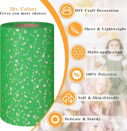 Glitter Tulle Rolls, 6' by 50 Yards (150FT) Sequin Tulle Netting Fabric for Tutu Skirts Sewing Birthday Wedding Party Decoration (Green)