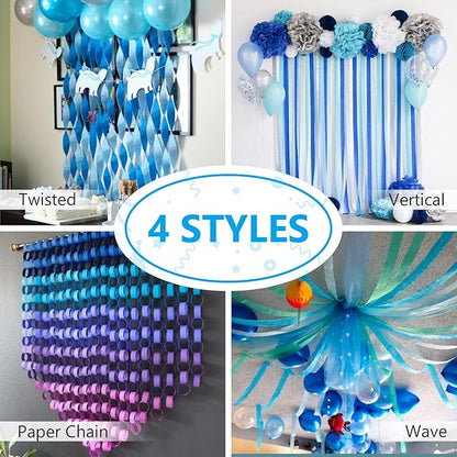 PartyWoo White and Blue Crepe Paper Streamers 4pcs 328ft Pack of Light Blue Pearl White Crepe Paper Streamers for Birthday Gender Reveal Baby Shower Graduation Pool Under The Sea Party Decorations