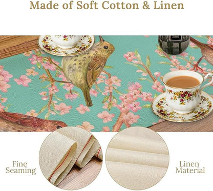 Table Runner with Flowers and Birds, Spring Plant Flowers Table Decoration Linen Table Runner Family Party Party Decorations 13x108 Inches