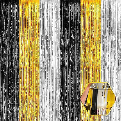 6 Pack Black Gold Silver Foil Fringe Curtain Backdrop, 3.28Ft x 8.2Ft Metallic Tinsel Foil Fringe Streamer Curtains for Photo Booth, Birthday, Wedding, New Year Party Decorations