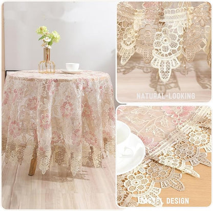 Lace Floral Tablecloth Vintage Round Tablecloth Decorative Exquisite Border Table Cover for Party Wedding Home Decorations, Round-48, Pink
