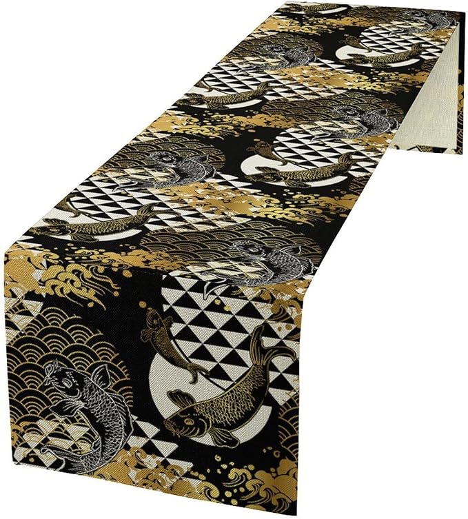 Japanese Table Runner Oriental Tradition Kio Fish Gold Art Printed Burlap Runner Home Kitchen Dining Table Living Room Decor Fabric 1 Panel W13xL108in