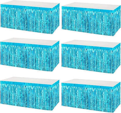 6 Pack 29x108 Inch Metallic Foil Fringe Tinsel Table Skirts Banner for Rectangle Tables Streamer Garland Curtains Backdrop for Wedding, Birthday, Parade Floats, Christmas Party Decoration(Lake Blue)