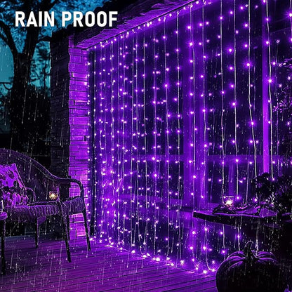 Dazzle Bright 300 LED Curtain String Lights, Halloween Fairy Lights for Bedroom with 8 Lighting Modes, Connectable Waterproof Window Light Party Wedding Garden Wall Decor, Purple