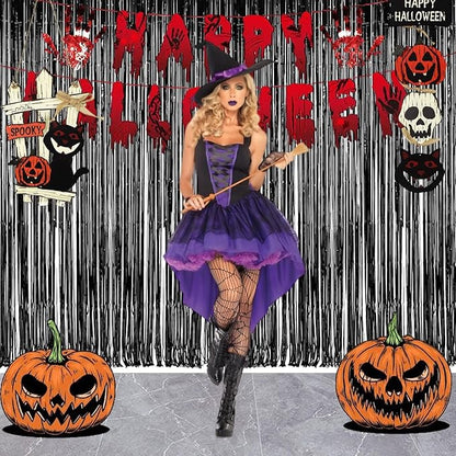 Foil Fringe Curtain Halloweens Party Decorations - Pure Black Tinsel Photo Backdrop Party Steamers Curtains for Birthdays Music Christmas Stranger Theme Parties