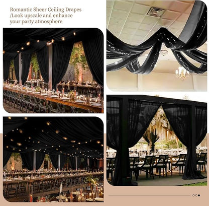 6 Panels Black Ceiling Drapes 5ftx10ft Wedding Chiffon Fabric Arch Draping Sheer Curtains Soft Drapery for Party Ceremony Stage Swag Decorations