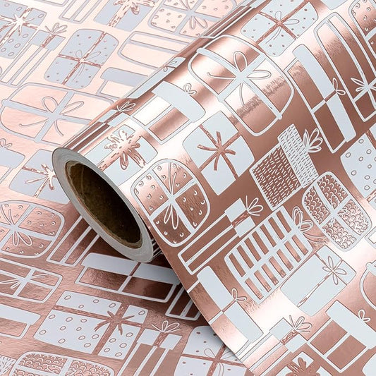 WRAPAHOLIC Wrapping Paper Roll - Mini Roll - 17 Inch x 33 Feet - Rose Gold Present Design with Metallic Foil Shine for Birthday, Party, Baby Shower