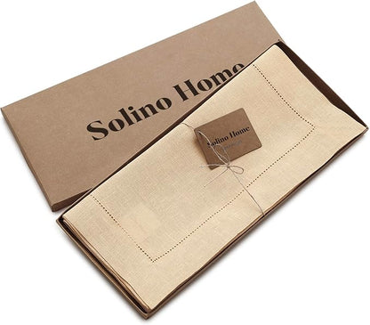 Solino Home Linen Beige Table Runner 72 Inches Long - 100% Pure Linen Hemstitch Table Runner 14 x 72 Inch for Dresser, Dining, Fall, Autumn, Halloween, Thanksgiving, Christmas - Classic Hemstitch