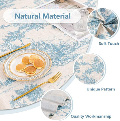 MYSKY HOME Linen Vintage Rectangle Tablecloth 60x102 Inches, Blue Castle Print Table Cloth for Dining Table I Tabletop I Parties/Outdoor I Spring/Summer Waterproof Fabric Farmhouse Tablecloth