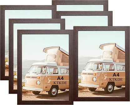 KTKDE A4 Picture Frame Set of 6, Document 8.3x11.7 Certificate Frame Walnut with Plexiglass Gallery Wall Frame, Wall Gallery Poster Frames best gift