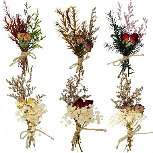 CROISSANT Mini Dried Flower Bouquet 6PCS, Mixed Natural Dried Flowers Bundles,Dried Flower Mixed Bouquet Suitable for Handmade DIY Greeting Card Decoration,Multi-Purpose Craft Flowers