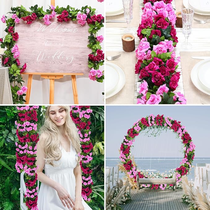 Floweroyal 6 Pack Artificial Flower Garlands 15.8FT Fake Rose Vines Silk Flowers Hanging Rose Ivy for Wedding Arch Party Home Garden Wall Decor (Fuchsia)