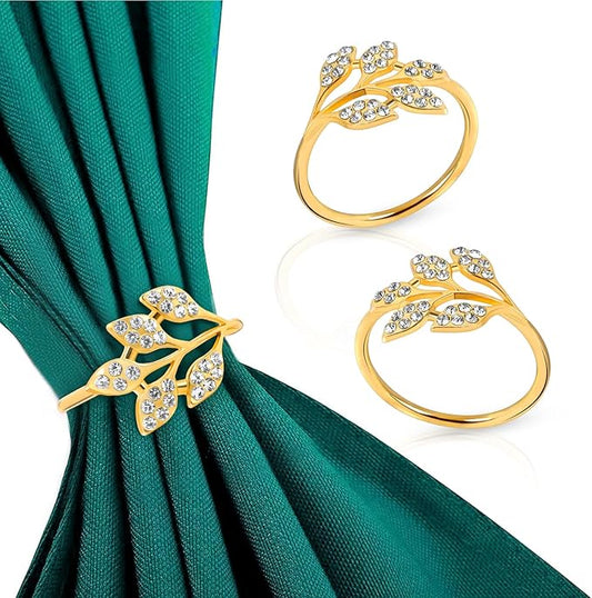 Gold Napkin Rings Set of 10,Napkin Rings Holder Buckles,Thanksgiving Christmas Napkin Ring Alloy Leaf Diamonds Napkin Ring for Dining Table Decor Wedding,Dinner Party Decorations White Diamonds 10pcs