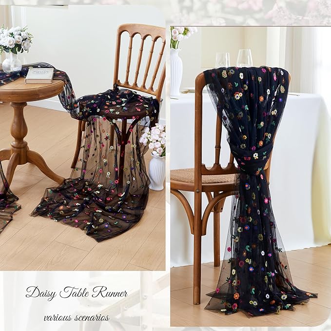 JIALE Black Floral Table Runner, Embroidery Daisy Seasonal Table Decorations, 120Inch 10FT Tulle Fabric for Home Decor, Bridal Shower Wedding, Baby Shower Parties, DIY Craft
