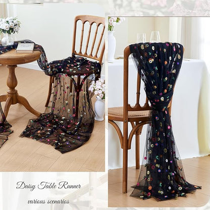 JIALE Black Floral Table Runner, Embroidery Daisy Seasonal Table Decorations, 120Inch 10FT Tulle Fabric for Home Decor, Bridal Shower Wedding, Baby Shower Parties, DIY Craft