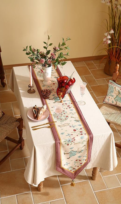 patdrea Designer Idyll Linen Extra Long Table Runner,Vintage Beige Farmhouse with Ancient Figure Fruit Trees Pattern Table Mat, Decoration for Kitchen Dining Paties Banquet Christmas ,16"*118"