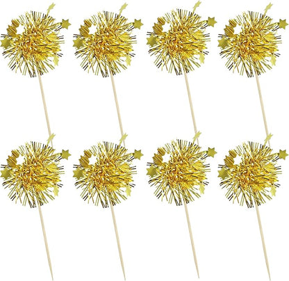 Ephlyn 30Pcs Foil Firework Cupcake Toppers Happy Birthday Cake Toppers Tinsel Flower Drink Stirrers Cocktail Food Fruit Toothpicks for Valentine's Day Party Decorations Gold