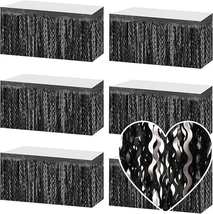 6 Pack 29x108 Inch Black Wave Foil Fringe Table Skirts Metallic Banner for Tinsel Streamer Garland Backdrop for Parade Floats Wedding, Mother's Day, Birthday Mardi Gras Party Decorations