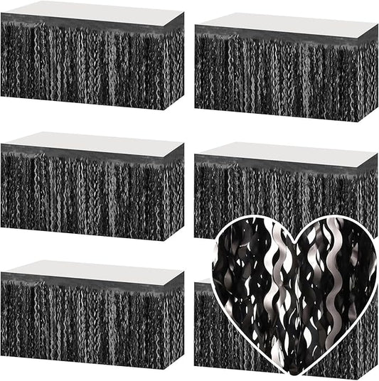 6 Pack 29x108 Inch Black Wave Foil Fringe Table Skirts Metallic Banner for Tinsel Streamer Garland Backdrop for Parade Floats Wedding, Mother's Day, Birthday Mardi Gras Party Decorations