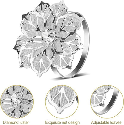 KPOSIYA Hollow Out Flower Napkin Ring Holder Metal Napkin Rings Set of 20 for Wedding Party Holiday Banquet Christmas Dinner Delicate Serviette Buckles Decor Favor (20, Flower-Silver)