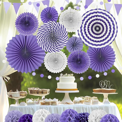 Purple Party Decorations,23Pcs Lavender Birthday Decorations with Hanging Paper Fans,Pom Poms Flowers Packs for Girls Women Birthday Party, Bridal Shower,Baby Showers,Wedding