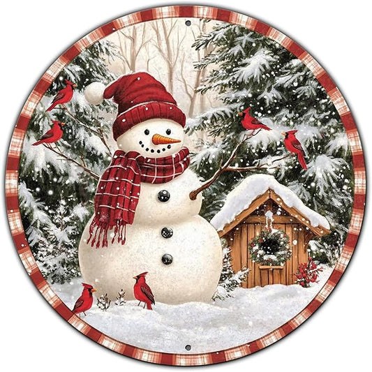 Round Christmas Metal Signs Vintage Snowman and Red Birds Tin Sign Metal Poster Christmas Snowman Sign for Bedroom Farmhouse Garage Wall Decor 8 * 8 in
