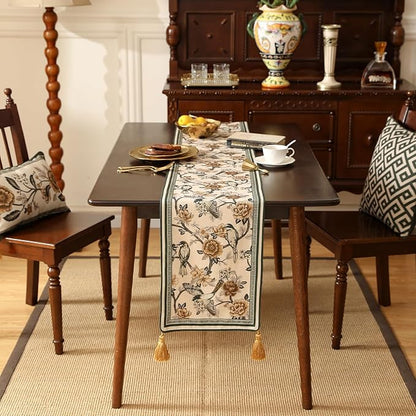 ISAENNE Designer Vintage Beige Linen Table Runner 87 Inches Long,Elegant Floral and Bird Pattern Decor Table Runners for Dining Tables,Thanksgiving,Christmas,Banquet,Party,12"*87"-Murad A