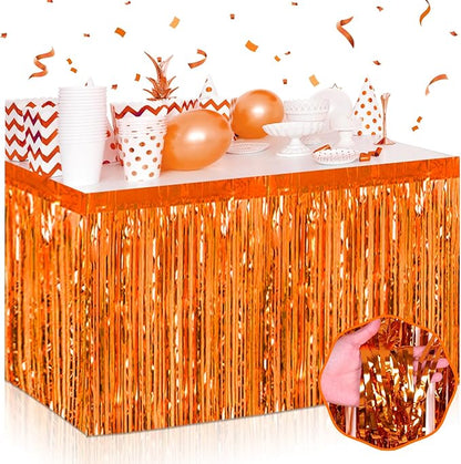 3 Pack 29 x108 Inch Orange Foil Fringe Table Skirts Metallic Banner for Tinsel Streamer Garland Backdrop for Parade Floats Wedding Thanksgiving Birthday Christmas Halloween New Year Party Decoration