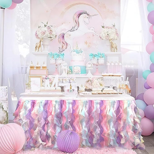 Luxury Organza Mesh Table Skirt Draping Floating Romance - Perfect for Bridal Showers, Birthday Weddings - Clear Flowing Decoration for a Wonderful Main Cake Table (Colorful-6ft, 72" L×30" H)