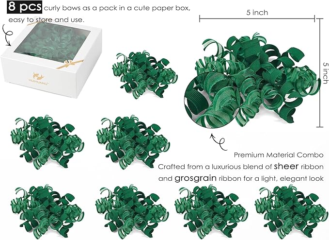 HUIHUANG Green Christmas Bows for Gift Wrapping Curly Gift Bow 5 inch x 8 Counts Forest Green Self-Adhesive Xmas Bows for Presents, Paper Bag, Party Favors, Wrapping Accessories