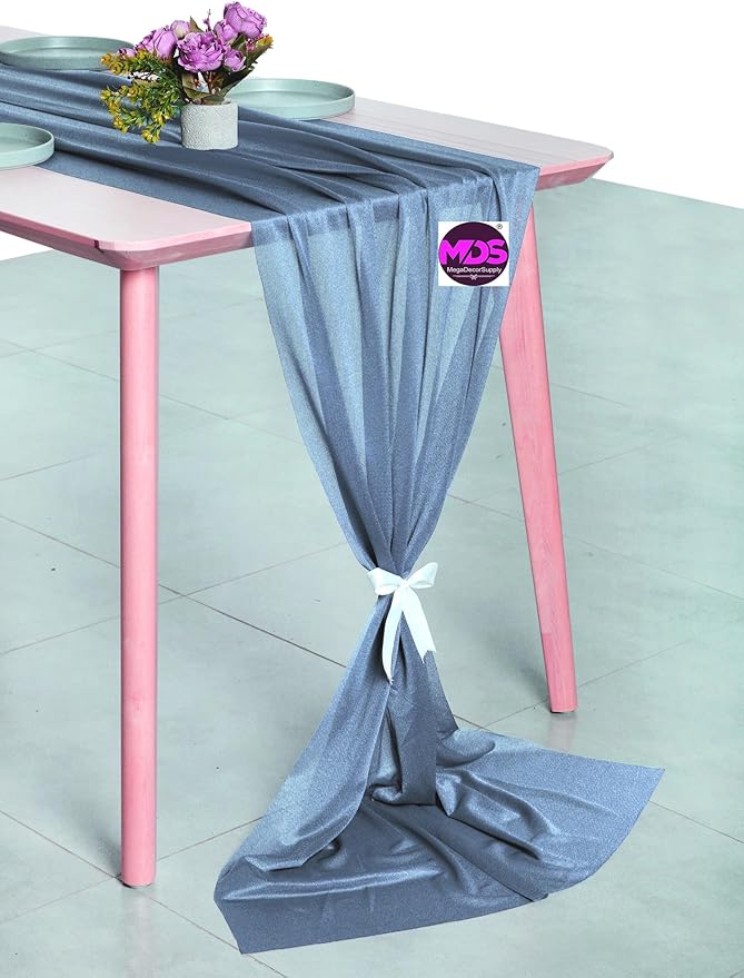 MDS 10 Pack 10ft Chiffon Table Runner 29 x 120 Inches Sheer Wedding Runner Romantic Rustic Table Runner for Wedding Decorations, Birthday Parties, Bridal Shower Party Arch Decor - Dusty Blue
