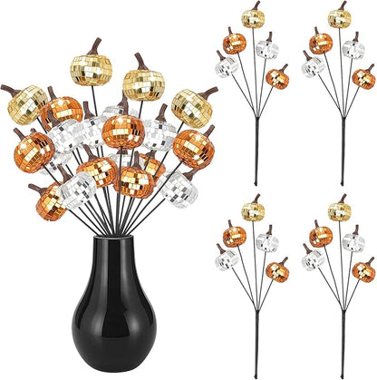 20Pcs Disco Halloween Decor, Disco Pumpkin Table Decoration, 14 Inch Artificial Glitter Mirror Pumpkin Sticks Ornament Halloween Thanksgiving Branches for Table Centerpiece Party Decor