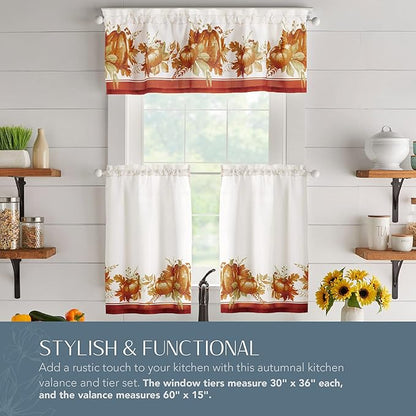 Elrene Home Fashions Autumn Pumpkin Grove Window Tier Set and Kitchen/Café Valance, 60"x36" (Set of 2 Tiers & Valance), Multi Color
