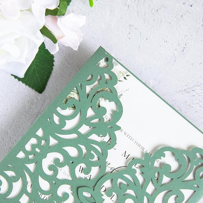 20Pcs Sage Green Laser Cut Invitation Cards With Blank Inner Sheets for Wedding Cards Bridal Shower Engagement Quinceanera Invitation (No Envelopes)