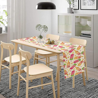 Ice Cream Popsicles Table Runner, Watercolor Summer Seasonal Fruit Peach Kiwi Berry Popsicles Orange Pink Sweet Dessert Dinner Runner for Party Holiday Home Kitchen Dining Table Decor 13"x36"