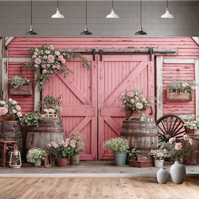 8x6ft Country Wedding Pink Photography Backdrop Rustic Wooden Barn Door Photography Backdrop Farmhouse Flower Western Girl Birthday Baby Shower Wedding Bridal Party Banner Photo Booth Props Background