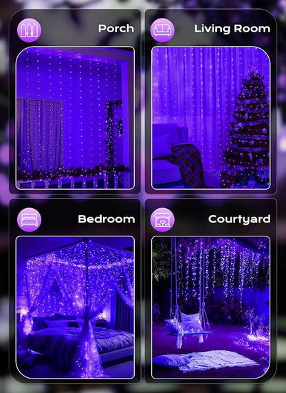 Brightown 300 LED Purple Fairy Curtain Lights, 9.8ft x 9.8ft Curtain String Lights, USB Plug in 8 Lighting Modes LED Christmas String Hanging Lights with Remote for Bedroom Indoor Outdoor Weddings