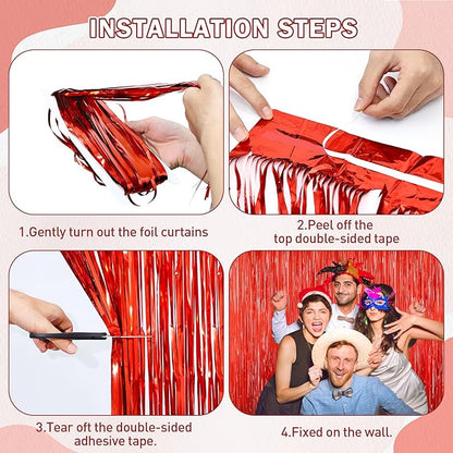 Red Tinsel Backdrop, 2Pack Fringe Curtains, Red Foil Tinsel Party Streamer Backdrop Curtains, Engagement Wedding Photo Backdrop Party Decorations for Wedding Anniversaries Christmas Baby Shower Decors