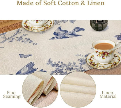 Monochrome Sketch Flowers Bird Table Runner, Seasonal Spring Fall Plants Blue Florals Dinner Runner for Home Kitchen Dining Table Party Holiday Decoration 13"x60"
