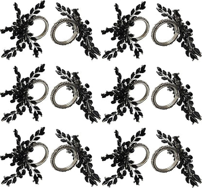Napkin Rings Set of 12 for Dining Table Decoration Parties Everyday Metal Napkin Holder Leaf Black (Pack of 12)