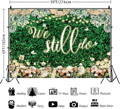 We Still Do Backdrop Green Leaves Lace Wedding Anniversary Photography Background Engagement Vow Renewal Bachelorette Party Decoration Banner Photo Booth Studio Props 9x6ft FU064YL