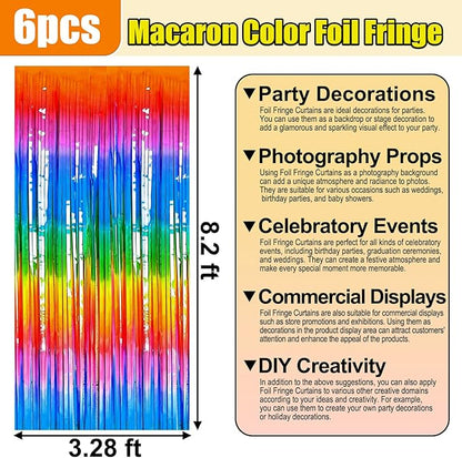 6 PackRainbow Foil Fringe Curtain Backdrop, 3.28Ft x 8.2Ft Metallic Tinsel Foil Fringe Streamer Curtains for Photo Booth, Birthday, Wedding, New Year Party Decorations