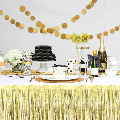 3 Pack 29x108 Inch Light Gold Foil Fringe Table Skirts Metallic Banner for Tinsel Streamer Garland Backdrop for Parade Floats Wedding Thanksgiving Birthday Christmas Halloween Party Decoration