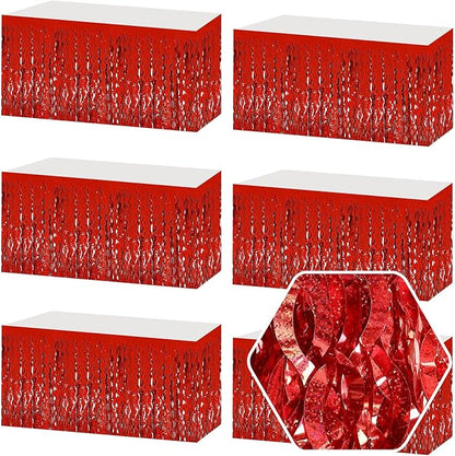 6Pack 29 x108 Inch Red Wave Foil Fringe Table Skirts Metallic Banner for Tinsel Streamer Garland Backdrop for Parade Floats, Mother's Day, Easter, Graduate, Birthday, Wedding Party Decoration