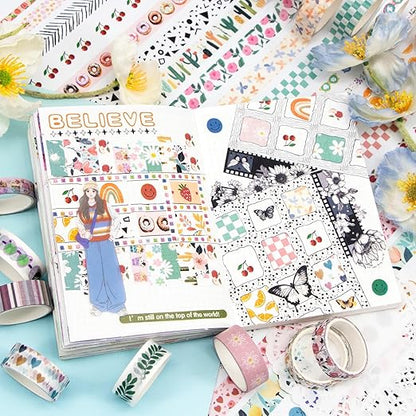 55 Rolls Holiday Washi Tape Set - Decorative Tape Seasonal Bohemian Colored Tape, Cute Washi Tapes for Journaling Supplies, Scrapbooking Supplies kit, Summer Scrapbook Supplies