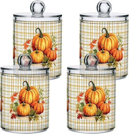 Gredecor 2 Pack Apothecary Jars with Lid Pumpkins Gingham Plaid Qtip Holder Dispenser Storage Containers Clear Plastic Rustic Fall Autumn Thanksgiving Theme Canisters for Bathroom Vanity Organization