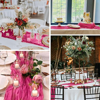6 Pack Hot Pink Cheesecloth Table Runner Summer Sheer Fuschia Cheese Cloth Table Runner Boho Gauze 120 Inches Summer Table Decorations for Weddings Bridal Baby Shower Birthday Parties