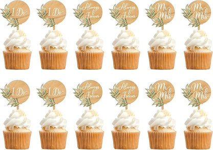 12 PCS Wedding Cupcake Toppers Green Mr & Mrs Wedding Cake Cupcake Decorations in Wood