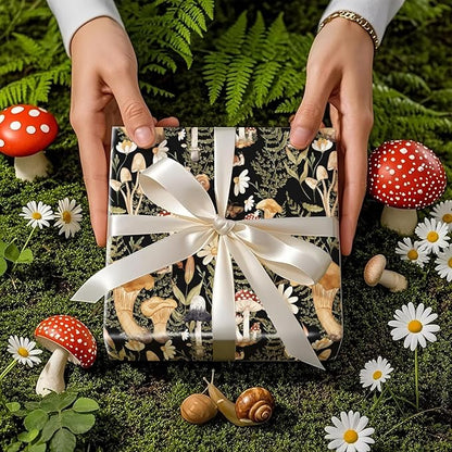 RUSPEPA Forest Mushroom Wrapping Paper Roll, Mini Roll, Woodland Squirrel and Snail Design, Black Nature Gift Wrap for Fall, Birthday, Thanksgiving Party, 17 Inches x 16.4 Feet